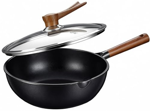 GZGLZDQ Sartén Wok de Titanio Puro Antiadherente, Ligera y Resistente con Tapa, para Cocinas de Inducción, Gas y Todo Tipo de Cocción como Freír, Cocinar(Ø 26cm)