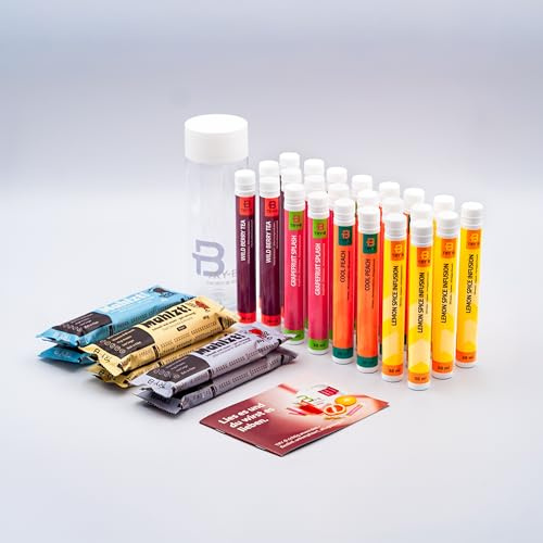 TRY-B Bundle – Fastendrink Konzentrat & Mahlzt! Mahlzeitenersatz-Riegel – 24 Tubes (4 Sorten) + 6 Riegel (3 Sorten) mit Vitaminen & Mineralstoffen – inkl. Trinkflasche & Booklet