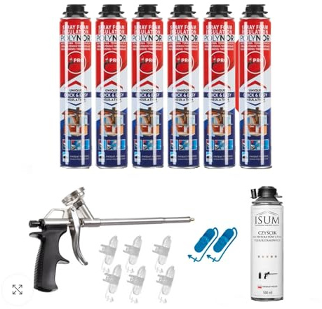 POLYNOR PUR-Wärmedämmung in der Dose PRO – Set mit 16 Elementen – 6 Schaumstoffe – Schaumpistole – Sprühbare Wärmedämmung – Dämmung von Wänden, Dächern, Decken, Rohren – Aerosol 750 ml