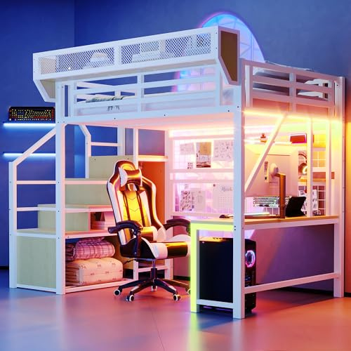 Dolamaní Hochbett 140×200 cm Metall Bettgestell mit Treppe Sicherheits und Schrank, Höhe 191 cm Bett mit Abnehmbares Netz Regale, LED-Beleuchtung, Schreibtisch (Weiß C)