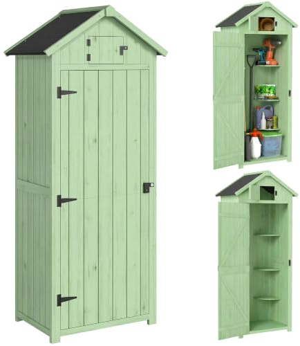 Outsunny Armario Jardín Exterior 3 Estantes 77x54,2x179 cm Verde | Caseta de Madera, 2 Puertas con Cerrojo, Techo Asfáltico, 0,3 m², Almacenaje de Herramientas, Patio Terraza