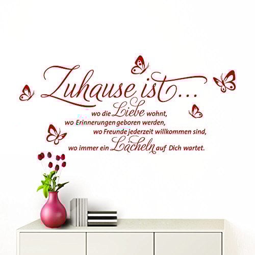 Grandora Wandtattoo Zuhause ist I rot (BxH) 100 x 53 cm I Schmetterlinge Wohnzimmer Spruch Aufkleber selbstklebend Wandaufkleber Wandsticker W1133