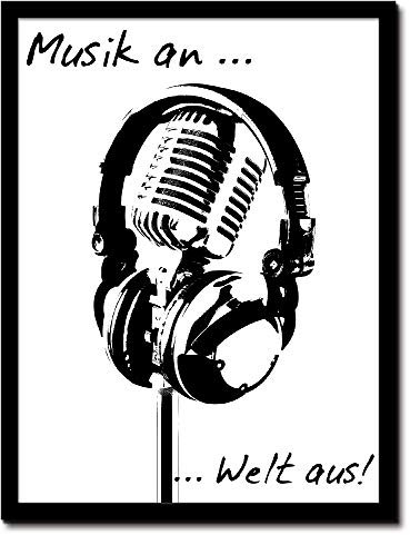 ARTLAND Bild mit Rahmen Kunstdruck gerahmt 35x45 cm Wandbild Wohnzimmer Design Bilder mit Sprüchen Musik Kopfhörer Kunst Schwarz Weiß T9JP