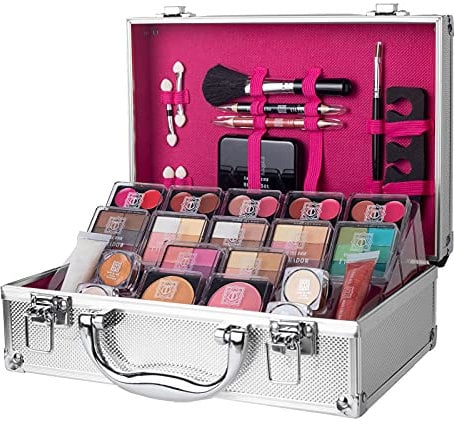 Dawn Till Dusk 80 Pieces Makeup Set with Travel Vanity Box by Envie, Includes Eyeshadow Palette, Lip Gloss, Lipsticks, Manicure Set, Makeup Brushes, Compact Mirror and Much More - (Silver)