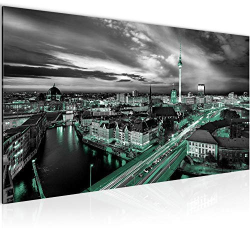 Runa Art Wandbild Berlin Skyline 1 Teilig 100 x 40 cm Modern Bild auf Vlies Leinwand Skyline Büro Wohnzimmer Schwarz Türkis 004312b