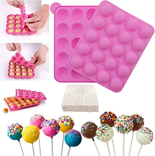 Moules à Pop Cake Muffins Bac à Glaçons Plaque en silicone pour Faire Lollipop Bonbon Gâteaux Pâtisserie 20 Moules + 120 Bâtonnets-Rose
