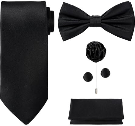 Tie G U Style - Männer Set mit 5 Krawatten in einer Geschenkbox: Krawatten-Sets: Einfarbige Krawatte, Satin-Fliege, Einstecktuch, Revers, Manschettenknopf (A - reines Schwarz)