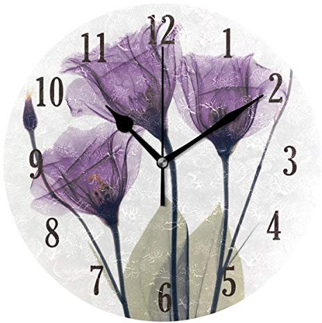 Mnsruu - Orologio da parete rotondo con fiori viola a batteria, silenzioso, senza ticchettio, decorazione per la casa, soggiorno, cucina, camera da letto
