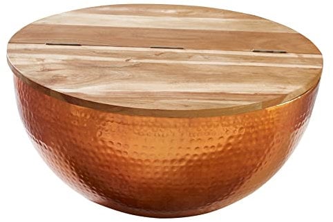 invicta INTERIOR Handgefertigter Couchtisch Orient Storage 60cm Kupfer im Classic Hammerschlag Design Akazie mit Stauraum