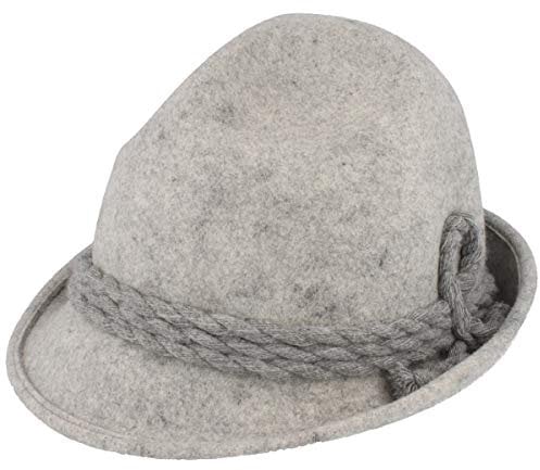 Breiter Original Herren Trachtenhut Filzhut Wanderhut Spitzkopf 100% Wolle, schmaler Krempe & Wollkordel Grau 62