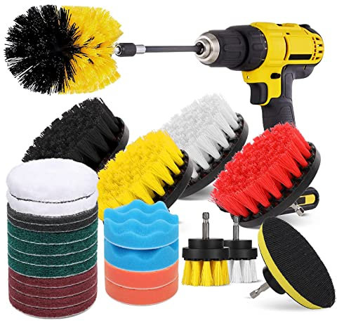 Hiware 26-Piece Drill Brush Set for Cleaning - Power Scrubber Brush Pad Sponge Kit with Extend Attachment for Bathroom, Car, Grout, Carpet, Floor, Tub, Shower, Tile, Corners, Kitchen