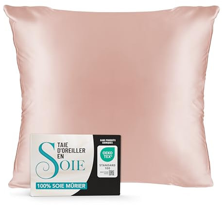 Taie Oreiller Soie 65x65 Dreamzie - 100% Soie Mûrier 19 Mommes NaturelleCertifiée Oeko-TEX - Bienfaits Cheveux et Peau Anti-Âge - Rose Clair