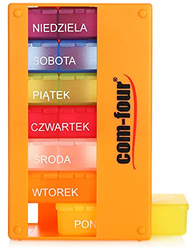 COM-FOUR® Medikamentendosierer auf POLNISCH - Medikamenten-Box für 7 Tage - 3 Fächer - Pillendose - Pillenbox - Tablettenbox - Wochendosierer zur Aufbewahrung [POLNISCH] (Orange)