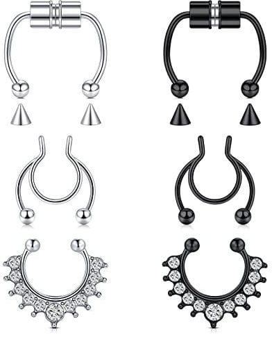 AceFun Gefälschte Nasenringe Edelstahl Fake Septum Nasenring Offene Nase Hoops Non Piercing Clip On Nasenschmuck für Damen Herren Silber Schwarz 6 STK