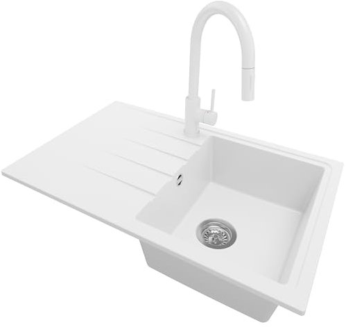 PRIMAGRAN Fregadero Granito Blanco 78x50cm, Cocina 1 Seno + Grifo 40x20cm + Sifón, Sobre encimera al mueble 45cm - Milano