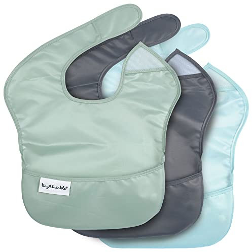 Tiny Twinkle Schmutzfestes Baby-Lätzchen – Wasserdichtes Kleinkind-Lätzchen für Jungen oder Mädchen – Verstellbarer Verschluss – Frei von PVC und BPA – Ideal für unterwegs (3 Pack, Salbei, Anthrazit)