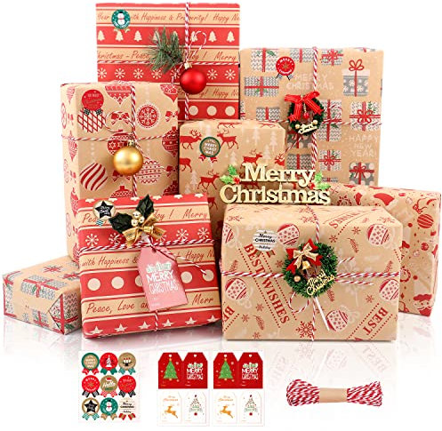 Weihnachten Geschenkpapier Set, 8 Blatt Kraftpapier Geschenkpapier - Braun Rot Design, Weihnachtspapier Set mit Aufklebern Tags und Papierseilen, Weihnachtspapiere für Geschenke Party Deko, 70x50cm