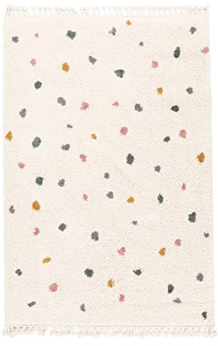 RugVista, Confetti, Kinderzimmer Teppich, 140 x 200 cm, Kinderteppich für Kinder, Spielteppich für Babys, Shaggy handwebstuhl, Maschinell hergestellt, Hochflor, Keine schädlichen Stoffe, Off-Weiß
