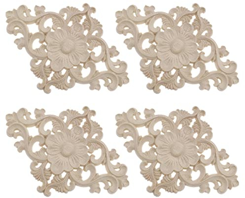 EMSea 4PCS Wood Carved Appliques Unpainted Onlay Furniture Ornament Wooden Flower Shape Decoration for Home Furniture Wall Cabinet Door Mirror 15x10.5cm