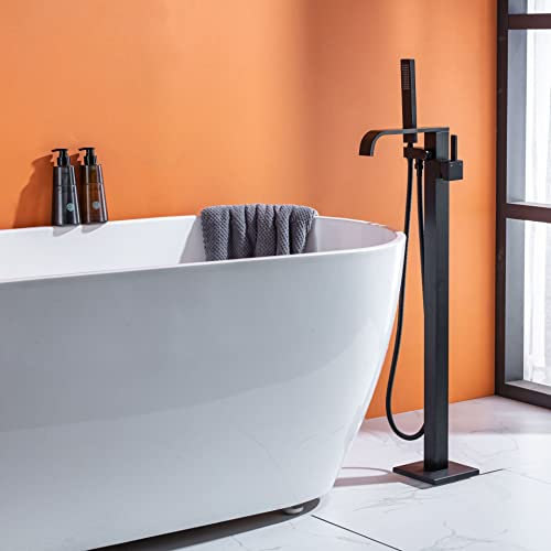 Freistehende Wasserfall Wasserhahn Bad, Stehend Wasserhahn, Wasserfall Badarmatur, Messing Einhand Er Bodenmontage Badezimmerarmatur Schwarz Mit Handbrause, Gelten FüR Badezimmer Wannenarmatur