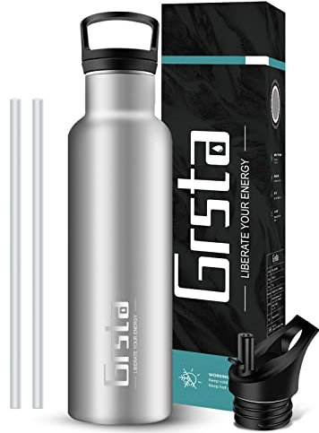 Grsta Trinkflasche sport - 1 liter trinkflasche, BPA-frei trinkflasche - Trinkflasche auslaufsicher, Trinkflasche edelstahl für Schule, Fitness, Yoga, Reisen, Draussen
