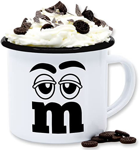 Emaille Tasse Blechtasse - Karneval & Fasching - Tassen - M und M Figuren Aufdruck M&M - 300 ml - Weiß Schwarz - buchstabentasse fasching- mm becher carnevale buchstabe vintage karnevals mit blech