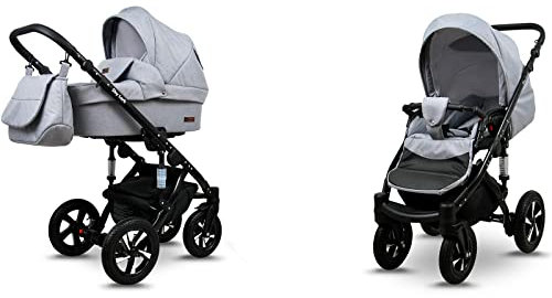 BabyLux® Sky Lark 2-in-1 Baby Kinderwagen Tief und Kinderwagen mit Zubehör Verstellbar und faltbar Aluminiumkonstruktion Wasserdicht Nicht abnehmbare Räder Silver Flex Black Frame