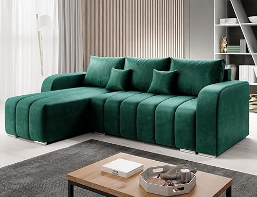 Velvet Ecksofa in L-Form 245 x 86 x 147 cm mit Schlaffunktion und Bettzeugbehälter - Schlafsofa mit Bettkasten - Eckcouch mit Stauraum - Links Couch Velours - Farbe: Flaschengrün MO37