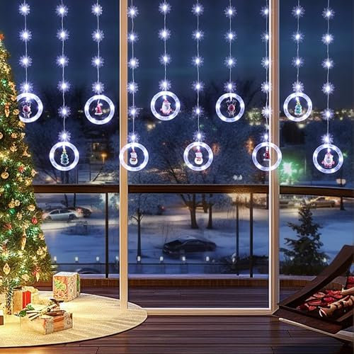 BLOOMWIN Christmas Window Decorations - 3M 120 LED Snowflake Curtain Lights Indoor/Outdoor, Cold White USB