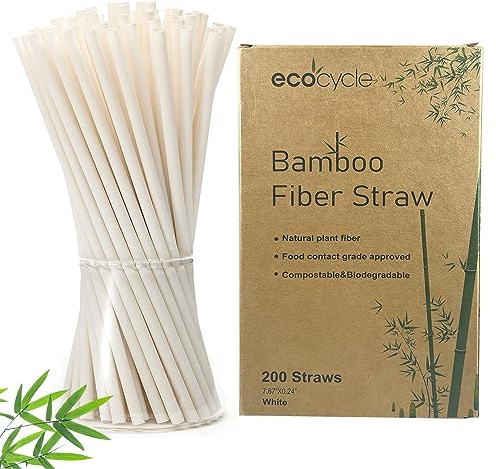 EcoCycle Biodegradable Disposable Bamboo Fiber Straws- 200pcs | 7.8'' Inch | Compostable and Biodegradble