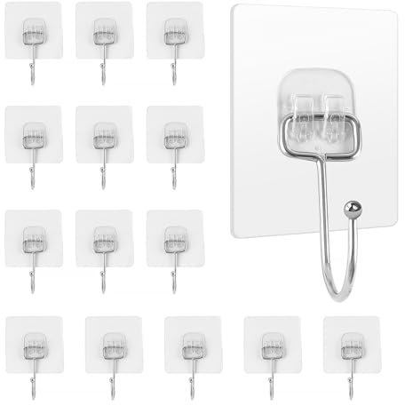 Haken Selbstklebend 15 Stück max 15kg Klebehaken Extra Stark Haken Selbstklebend Transparent Wasserdicht Spurlos Klebehaken für Badezimmer Decke Wandhaken Küchenutensilien Schlüssel Kleiderrucksack
