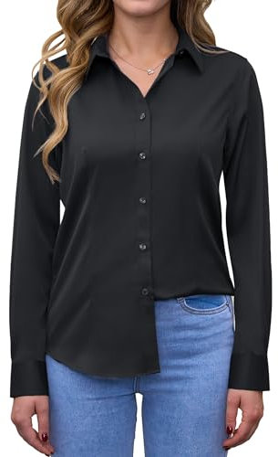 siliteelon Black Shirt Womens Long Sleeve Tops Non Iron Stretch Regular Fit Businness Work Dress Shirt Blouse for Women UK M