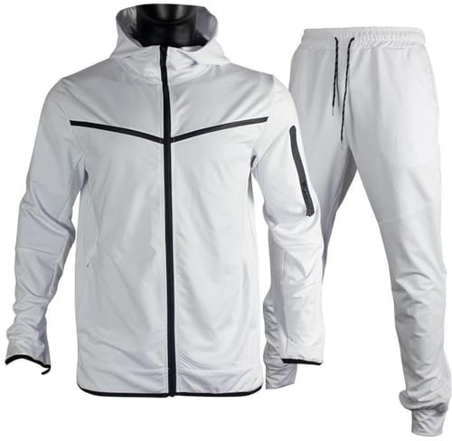 XZEIT Sport Jacke Herren Mode Einfarbig/Farbabstimmung 2-Teiliges Set Dünnschliff Hoodie Frühling Herbst Langarm Jacke Outdoor Workout Hose Herren L-White M