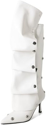 Ginocchio Stivali Alti Donna Autunno Stivali a Punta Decorativi Tacchi Alti Lunghezza al Ginocchio Sexy Stivali Cerniera di Lusso,Bianca,35