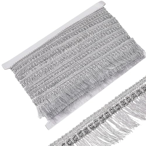 GORGECRAFT 15 Yards Silberne Fransenquastenbesatz Metallisches Spitzenbesatzband Mit Quaste 32mm Breit Glitzernde Geflochtene Kantenbesatzung Für Heimwerker Nähen Kleidung Vorhänge Tischdecken Röcke