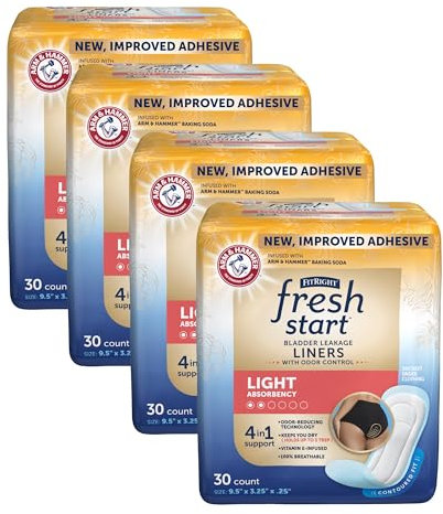 FitRight Fresh Start Liners for Women, Now with Stronger Adhesive, Incontinence, Bladder Leak, and Postpartum Pads with The Odor-Control Power of ARM & Hammer, Light Absorbency (30 Count, Pack of 4)
