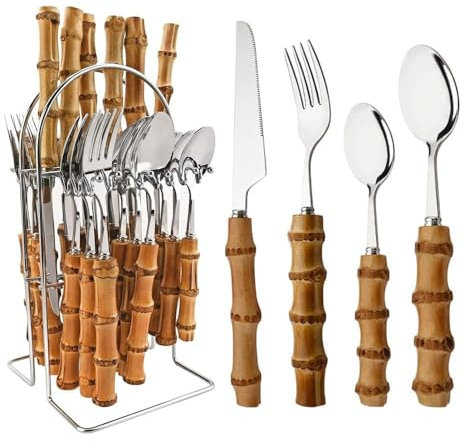 Destacados Mango De Bambú Genuino Cocina Cubiertos De Acero Inoxidable Vajilla Cubiertos Cubiertos Cuchillos Tenedores Cucharas Juego Cuchillo (Plata,24 piezas/estante para cubiertos)