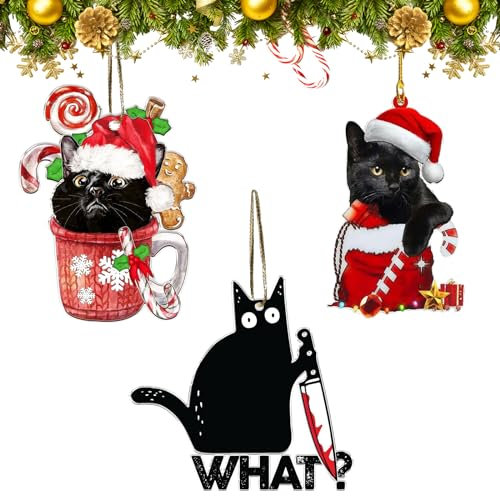 Ciondolo gatto nero di Natale 3Pz Gatto nero ornamenti di Natale,Albero di Natale appeso Party Decor,Ornamento di Natale Ciondolo gatto nero di Natale Decorazione per l'albero di Natale