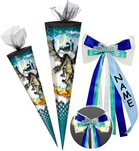 alles-meine.de GmbH Schultüte - mit 3D Glitzer - Effekt ! - Drache & Ritterburg - Feuerdrache - 50-85 cm - Größe wählbar - 6 eckig - incl. individueller - großer LED LICHT - SC..