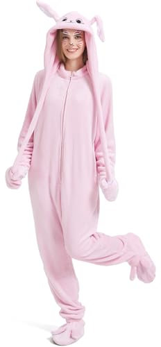 IUTOYYE Kaninchen Onesie für Damen Kaninchen Kostüm Cartoon Pyjama Tier Cosplay Halloween Party Homewear (Rosa, M)