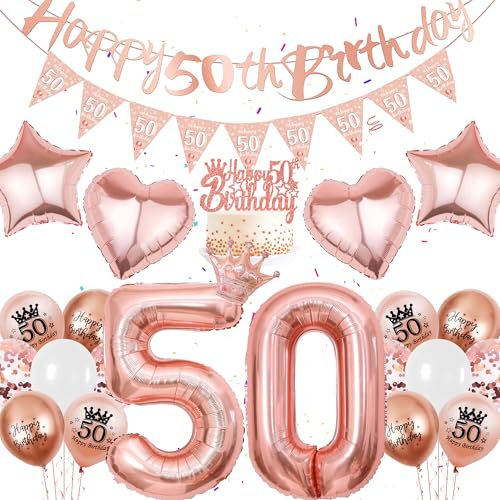 Rosegold 50. Geburtstag Deko Frauen - 34 Stück Roségold Party Deko, Happy Birthday Banner, Dreieckige Flagge Zahlenballon Kronen Liebesstern Ballon Kuchen Deko für 50-jährige Frauen Geburtstag Party