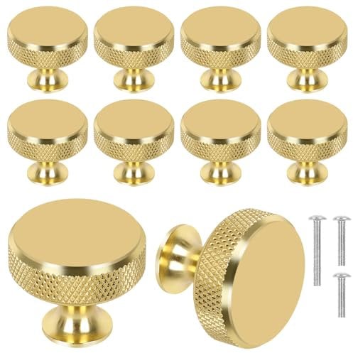 DINGBIU 10 Pack Gold Cabinet Knobs - Round Knurled Wardrobe Knobs Cabinet Handles Door Kitchen Hardware Cupboard Knobs with Screws for Drawer Dresser, Cupboard and Wardrobe
