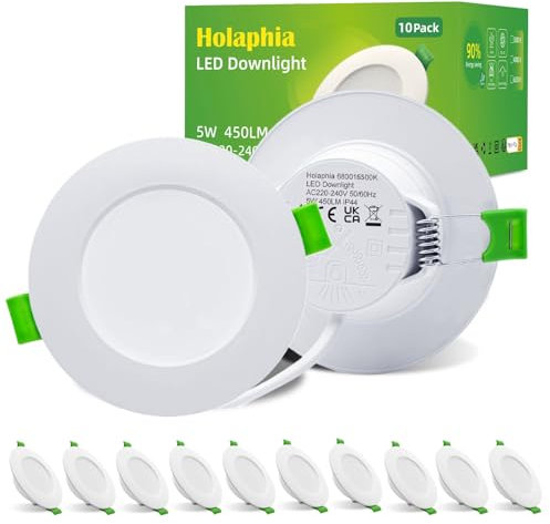 Holaphia Einbaustrahler LED Flach, LED Spots 230V Kaltweiß 6500K 5W 450LM, IP44 Einbauleuchten Badezimmer, Deckenspots 70-90MM Lochmaß, 10er Set