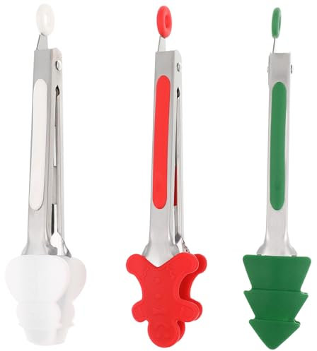 PAMINGONO 3pcs Silicone Tip Kitchen Tongs Scald Food Serving Tools for Cooking BBQ and Salad Stainless Steel Creative Christmas Designs Tree Snowman Gingerbread Man