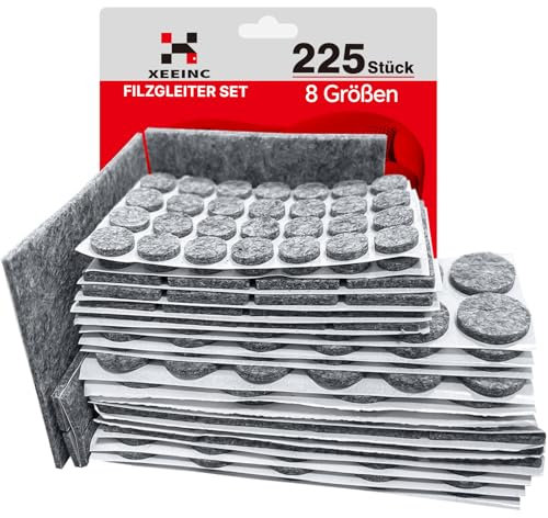 XEEINC set di 225 Feltrini Adesivi per Mobili Sedie, Feltrini per Sedie Rotondi Quadrati, 3mm di spessore, con 8 taglie, Antiscivolo, Feltrini per Mobili Pesanti - Grigio
