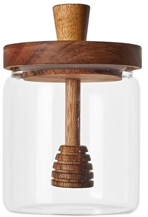 Pot à miel en verre avec cuillère – Distributeur avec couvercle en bois – 500 ml – Pot à miel en verre pour stockage de miel pour bar et pâtisserie