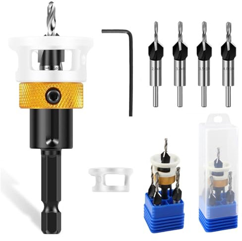 Magicbox Countersink Drill Bit Set, 5 in 1 Countersink Drill Bit with Depth Stop, Woodworking Countersink Bits, Counter Sink Drill Bits for Wood, Wood Drill Bit Set, 2.8-4mm Tapered Drill Bits