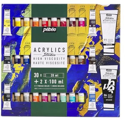PEBEO Studio Acrylics-Set Peinture Acrylique, Couleurs complémentaires, 30 x 20 ml + 2 x 100 ml + Pinceau