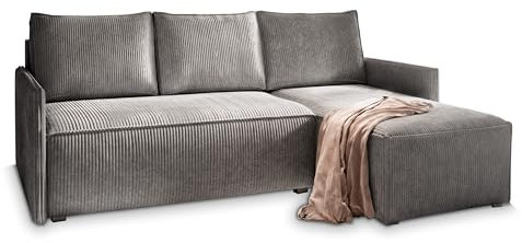 Masseno Ecksofa PERUSI mit Schlaffunktion L-Form, Sofa mit Bettkasten, Wohnzimmersofa, Couch, Soffa, Bettsofa, Couchgarnitur- Grau, POSO 60