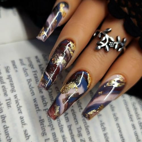 MouyouGlow Press on Nails Lang,Ballerina Blau Dunkel Rot Burgundy Marmor Design Sparkly Airbrushing Fake Nails with Nail Glue,Blue Wine Red Marble Bling Künstliche Fingernails